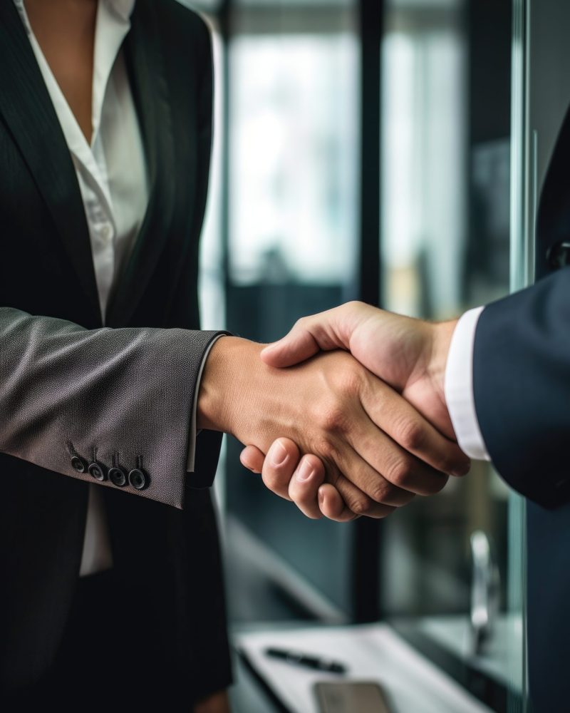 shot of two unrecognizable businesspeople shaking hands in an office, created with generative ai
